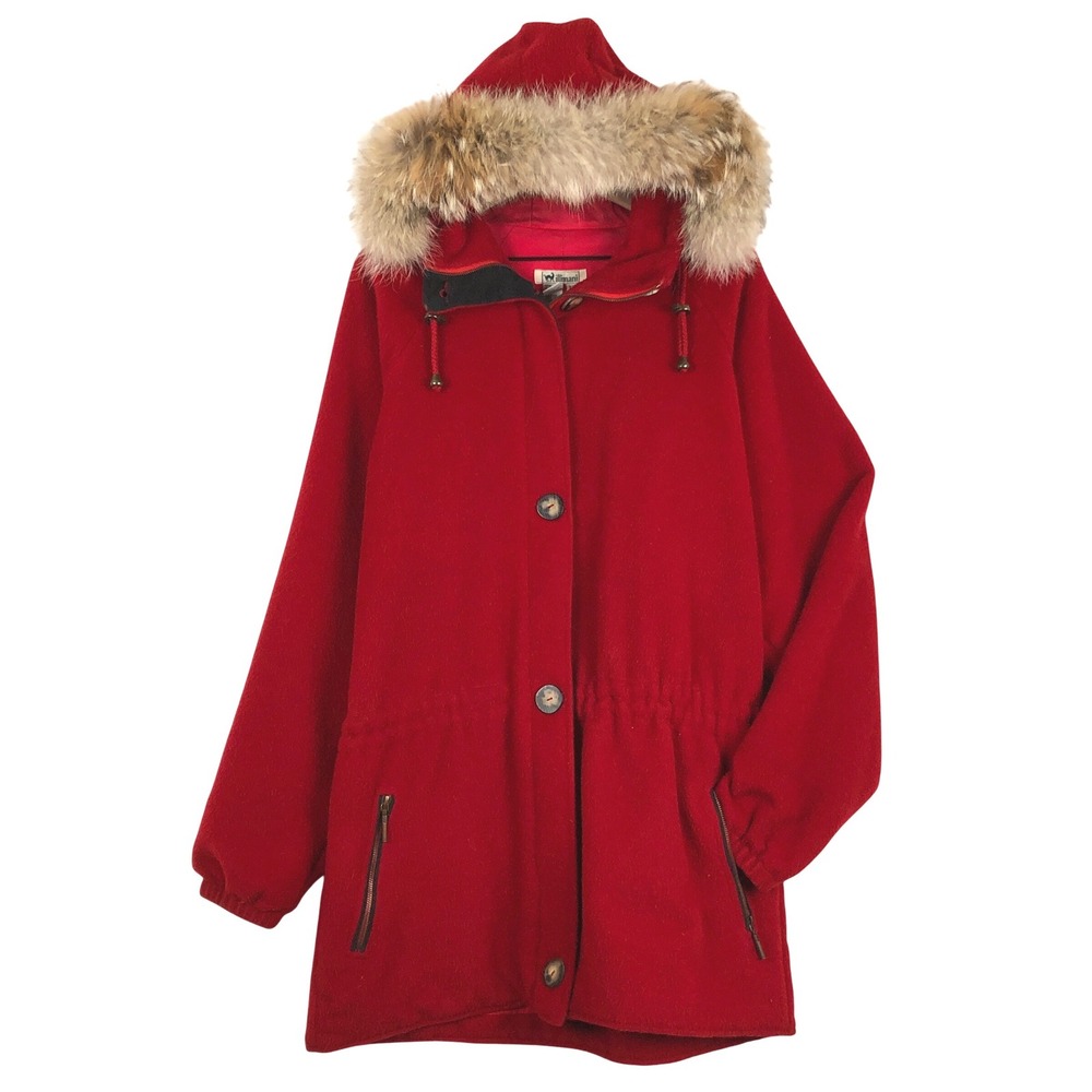 VTG ILLIMANI Alpaca Wool Hooded Coyote Fur Trim Parka Womens XL Red‎ Pockets USA